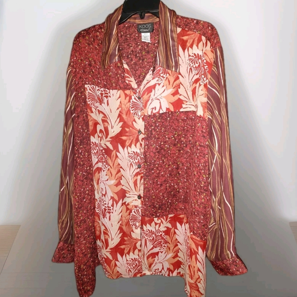 Vintage Koos Of Course 3X Shirt Blouse Brown Patchwork Floral Button Up Woman's